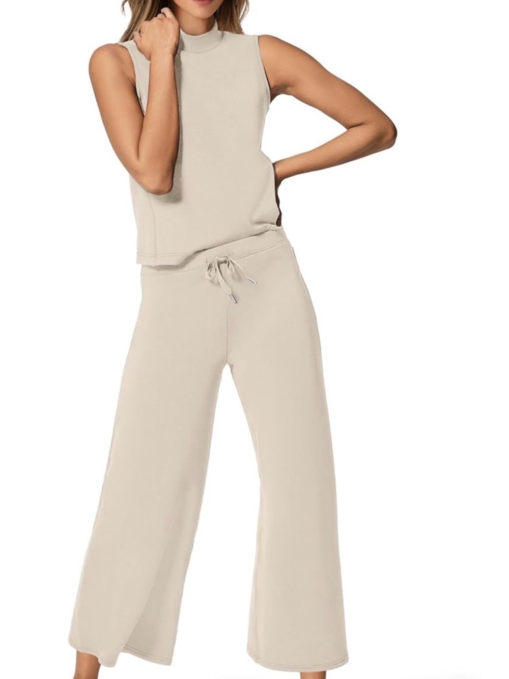 Sleeveless Mock Neck Wide-Leg Lounge Set - Cream
